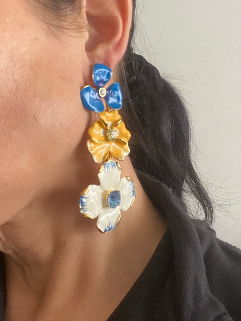 Kenneth Jay Lane Blue, Yellow & White Triple-Flower Drop Earrings - Picture 6 of 9
